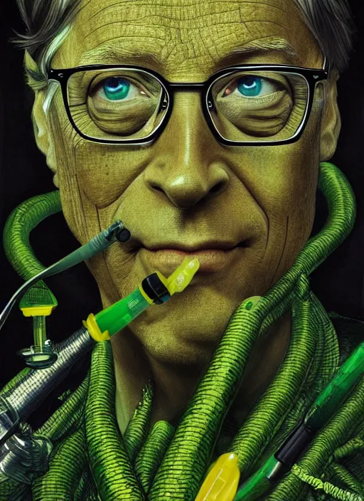 Image similar to bill gates as a reptile with green scales and yellow vertical pupills!!!, holding a syringe!!, portrait, intricate, elegant, highly detailed, digital painting, artstation, concept art, wallpaper, smooth, sharp focus, illustration, art by h. r. giger and artgerm and greg rutkowski and alphonse mucha