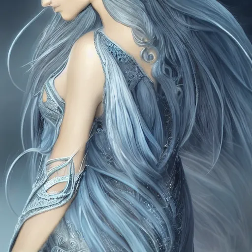 Image similar to an elven woman with long, silver hair cascading down her back. she has delicate, angular features and piercing blue eyes. she's clad in a flowing white dress with intricate silver embroidery, dynamic lighting, photorealistic fantasy concept art, trending on art station, stunning visuals, creative cinematic, ultra detailed