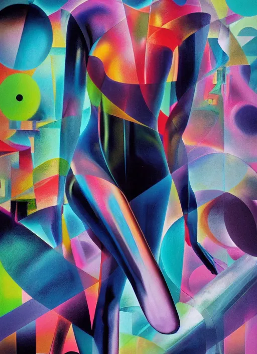 Image similar to futuristic lasers tracing, colorsmoke, fullbodysuit, pyramid hoodvisor, raindrops, wet, oiled, beautiful cyborg girl, by steven meisel, kaws, rolf armstrong, mondrian, kandinsky, perfect geometry abstract acrylic, octane hyperrealism photorealistic airbrush collage painting, monochrome, fluorescent colors, minimalist rule of thirds, eighties eros