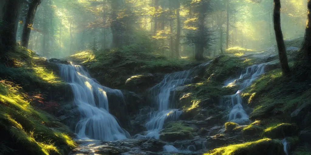 Prompt: A waterfall in sunny forest by greg rutkowski and thomas kinkade, trending on artstation, 4k