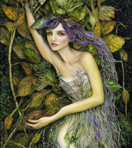 Image similar to fey queen of the summer forest, dress of leaves, fine features, thin, young, silver shimmering hair, by brian froud, stars, night colors, oil on canvas, oil panting