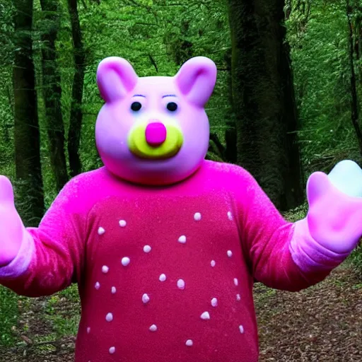 Image similar to photo of Mr Blobby chasing you through the woods