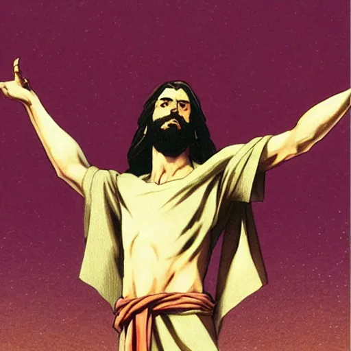 Image similar to jesus in a jojo dramatic pose, illustration by hirohiko araki and greg rutkowski