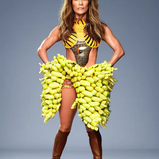 Prompt: full body photo of jennifer lopez, she is wearing a funny kid's hallowen costume of corn on a cob, studio lighting