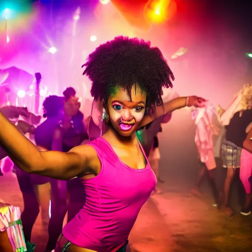 Image similar to beautiful black emo girl, dancing at a rave, professional photography, 4 k, 8 k, high quality photograph