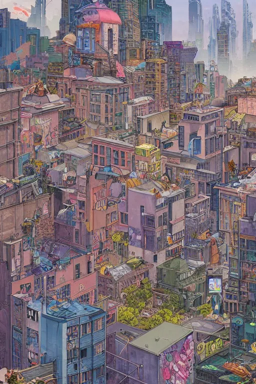 Image similar to a busy city with buildings covered in graffiti in the style of moebius, james jean, painterly, yoshitaka amano, hiroshi yoshida, loish, painterly, and artgerm, illustration