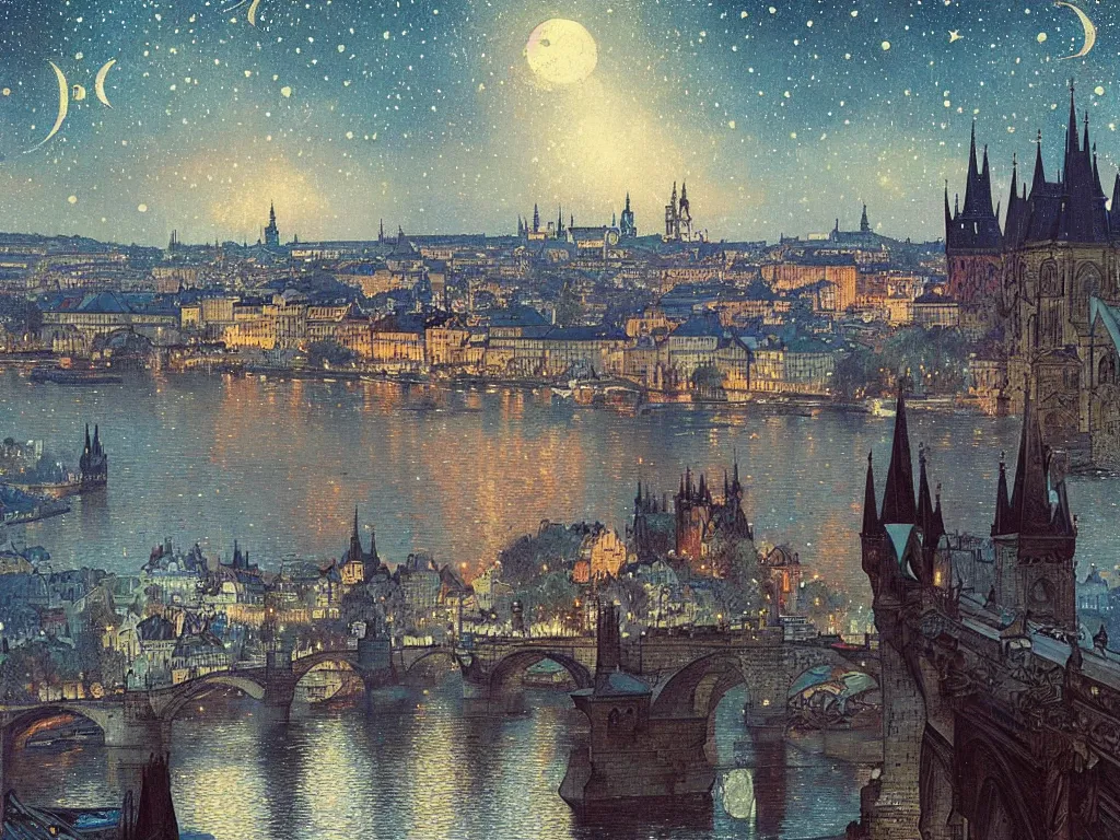 Image similar to a view from the river of prague at night with the sky full of stars, intricate, elegant, highly detailed, digital painting, artstation, concept art, smooth, sharp focus, colored illustration for tattoo, art by krenz cushart and artem demura and alphonse mucha,