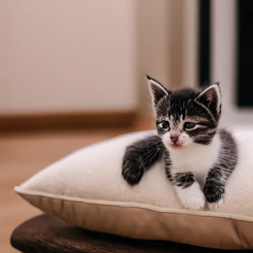 Image similar to A cute little kitten sits on the top of a plush heart-shaped pillow near fireplace, Canon EOS R3, f/1.4, ISO 200, 1/160s, 8K, RAW, unedited, symmetrical balance, in-frame