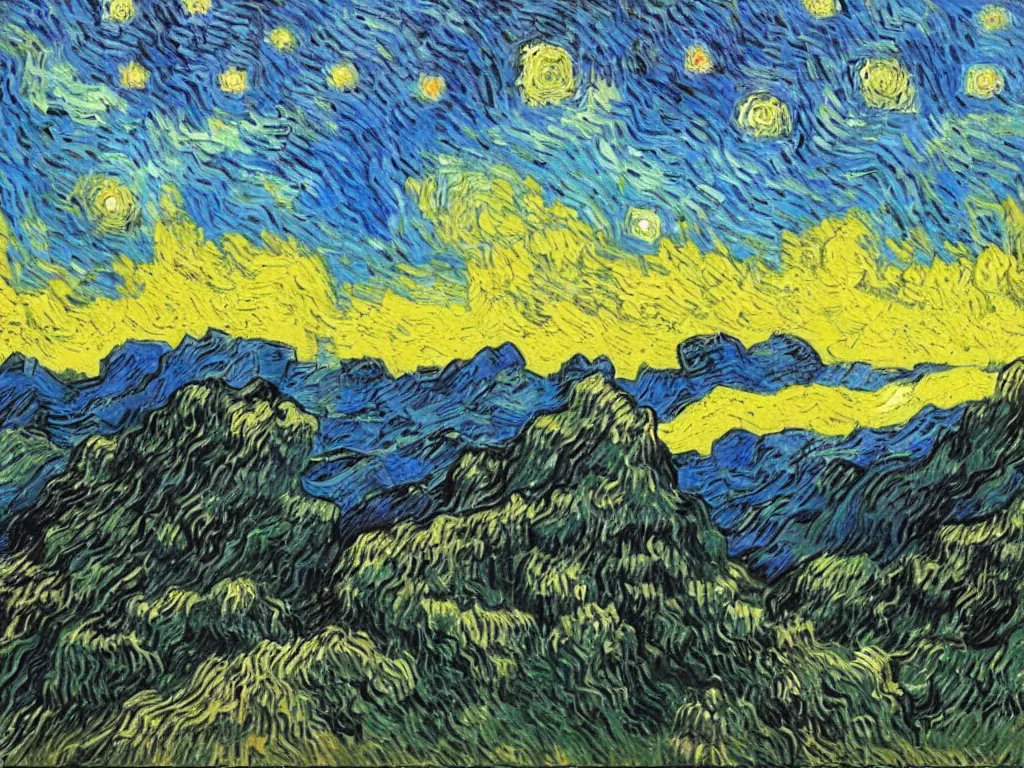 Image similar to bright beautiful oil painting of a valley with giant black monoliths and a dancing primitive ape at sunset, light scatter, van gogh