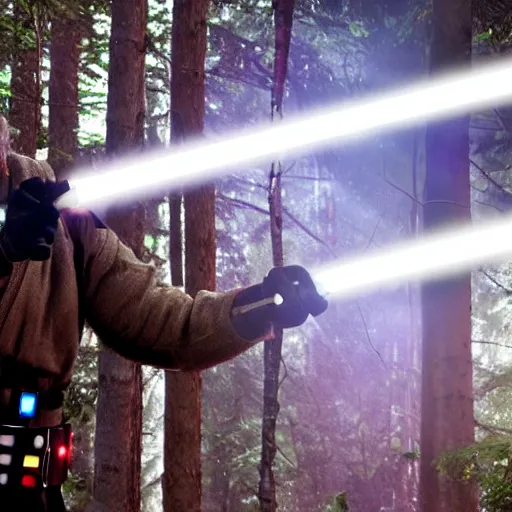 Image similar to Man wielding a light saber from Star Wars in real life in the forest, cutting down a tree using the light saber, 8k, cinematic, epic composition, award-winning