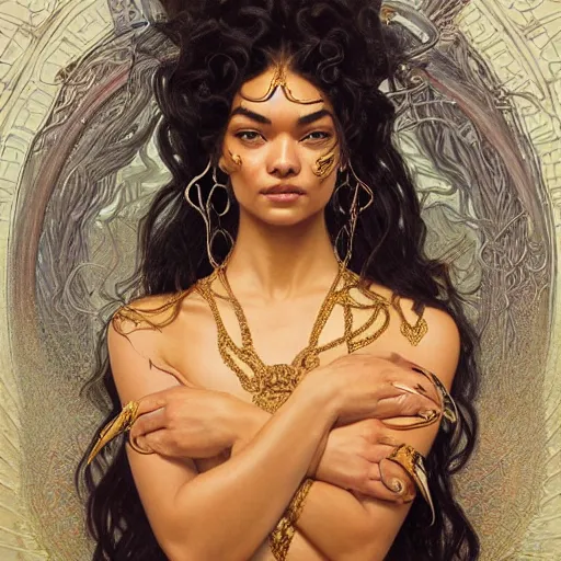 Image similar to Shanina Shaik as Medusa, frowning, scowl, snakes for hair, intricate, elegant, highly detailed, digital painting, artstation, concept art, smooth, sharp focus, illustration, art by artgerm and greg rutkowski and alphonse mucha