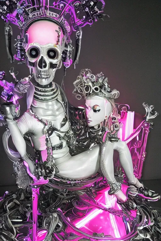 Image similar to full-body rococo and cyberpunk style neon statue of a young attractive portugues macho dotado e rico android sim roupa reclining con piroca dura, glowing white laser eyes, prince crown of pink gears, diamonds, swirling silver-colored silk fabric. futuristic elements. full-length view. space robots. human skulls. intricate artwork by caravaggio. Trending on artstation, octane render, cinematic lighting from the right, hyper realism, octane render, 8k, depth of field, 3D