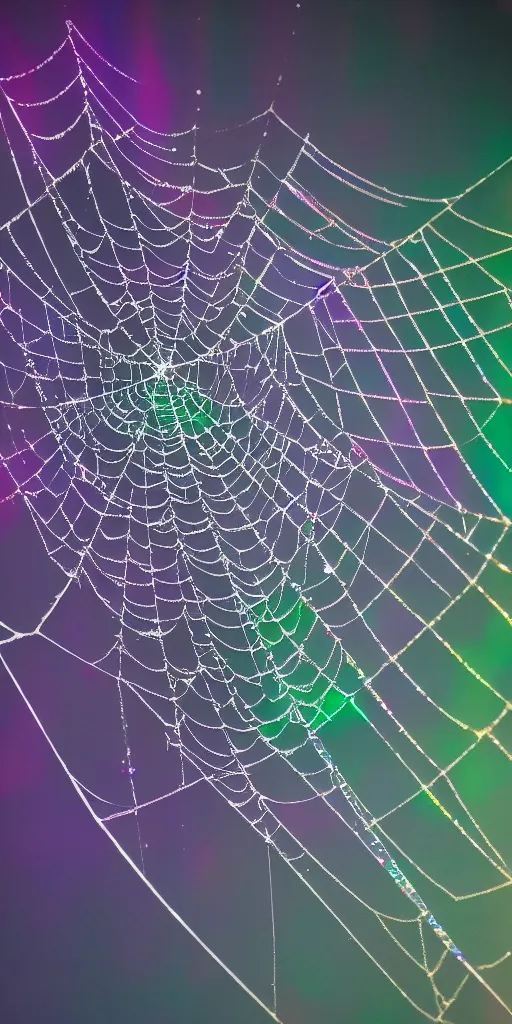 Prompt: a cobweb made of iridiscent platinum and ceramic chains, 4k photography flash