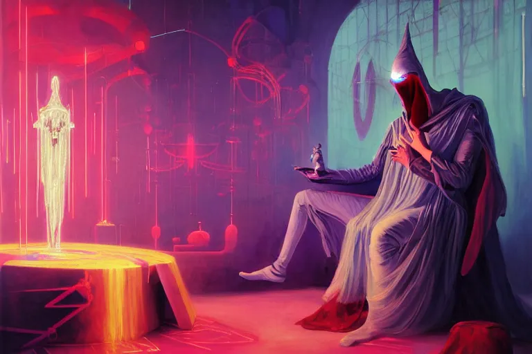 Image similar to a beautiful masterpiece painting of a technomancer wizard in robes with pointed hood discussing sentience with his synthesized AI djinn in his laboratory near a computer by Remedios Varo and Anato Finnstark and Greg Rutkowski, dayglo pink, dayglo blue, dazzle camouflage, 8k, trending on ArtStation