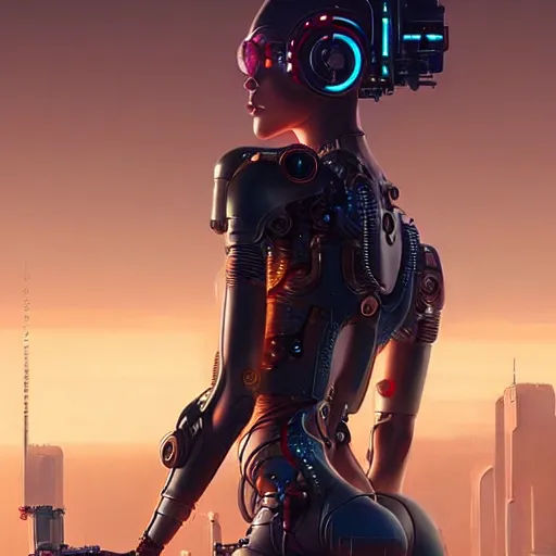 Image similar to a beautiful highly detailed futuristic mechanical lady, seductive confident pose, art by greg rutkowski and mark keathley, geof darrow, cyberpunk, 7 0 mm photo, featured on artstation, 4 k, octane render