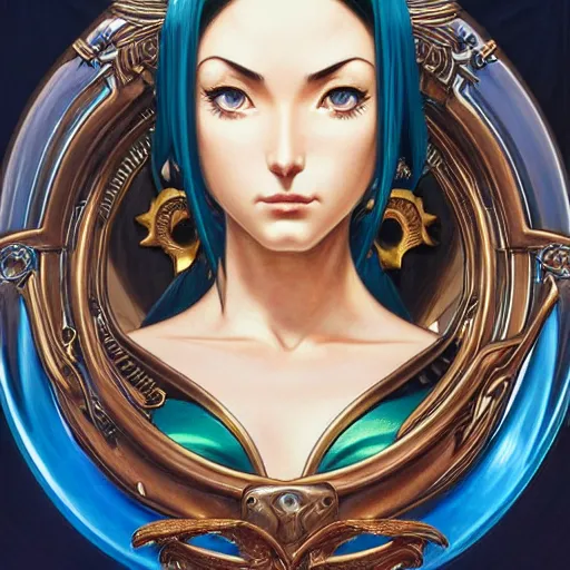 Image similar to intricately detailed vfx portrait of nico robin by eiichiro oda!, makoto shinkai, alphonse mucha, art by artgerm and greg rutkowski!, blue eyes!!, large aquiline nose!!, best of behance, concept art, matte, sharp focus, adolphe bouguereau, annie leibovitz, stanley kubrick,