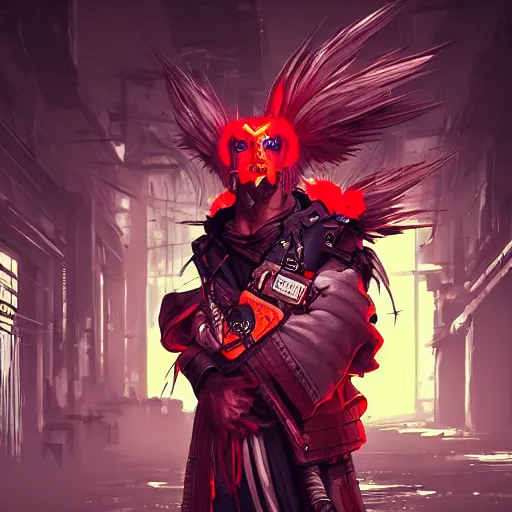 Image similar to artstation epic tengu digital painting in a cyberpunk scene, very detailed, , portrait, high contrast