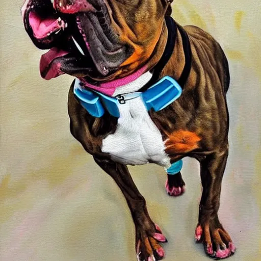 Image similar to pitbull with brindle coat and white paws and white chest on rollerblades. painting. oil painting. fun. energetic. colorful.