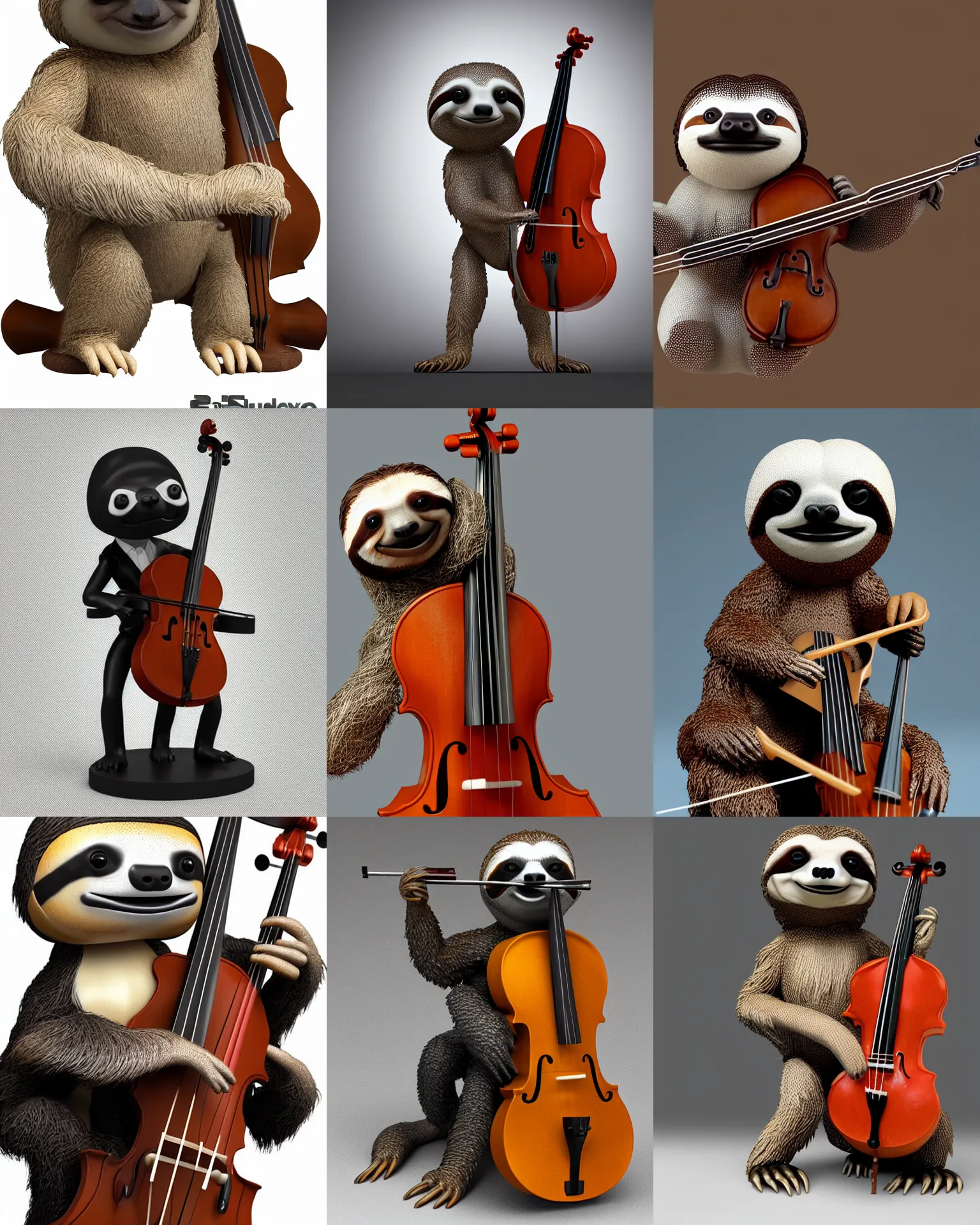 Prompt: full body 3d render of a sloth playing the cello as a funko pop, studio lighting, white background, blender, trending on artstation, 8k, highly detailed