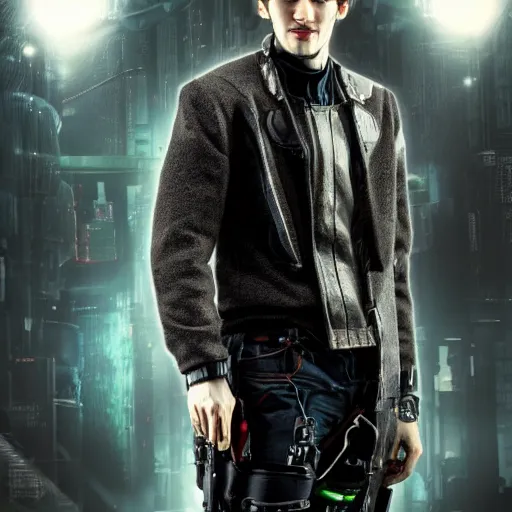 Image similar to Colin Morgan as Cyberpunk Merlin