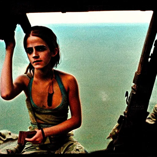 Image similar to film still, extreme far view, emma watson vietnam door gunner, film still from apocalypse now ( 1 9 7 9 ), 2 6 mm, kodak ektachrome, blue tint expired film,