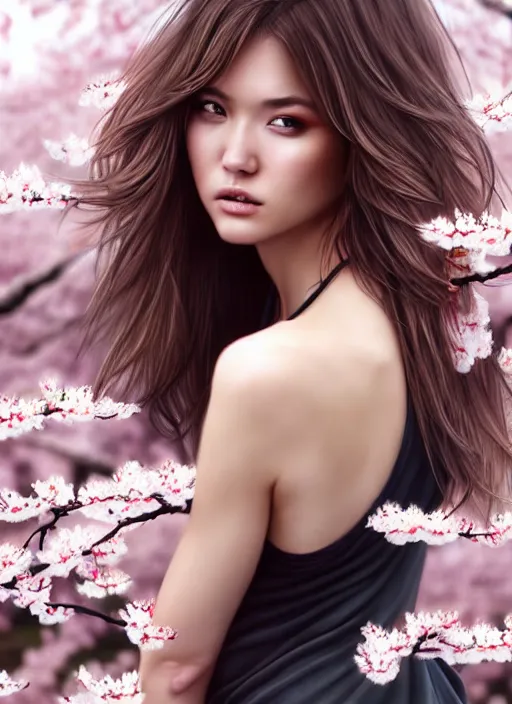 Image similar to photo of a gorgeous female with messy hair in the style of stefan kostic, realistic, body shot, sharp focus, 8 k high definition, insanely detailed, intricate, elegant, art by stanley lau and artgerm, cherry blossoms