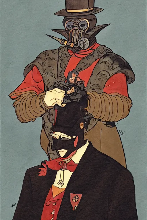 Image similar to zoomed out portrait of a duke, stylized illustration by mike mignola and moebius, watercolor gouache detailed paintings, dieselpunk, artstation