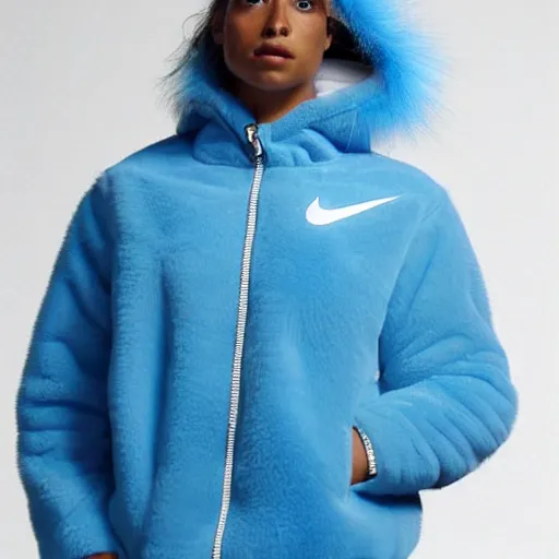 Prompt: nike jacket made of very fluffy blue faux fur : : with a reflective iridescent nike logo, professional advertising, overhead lighting, heavy detail, realistic by nate vanhook, mark miner