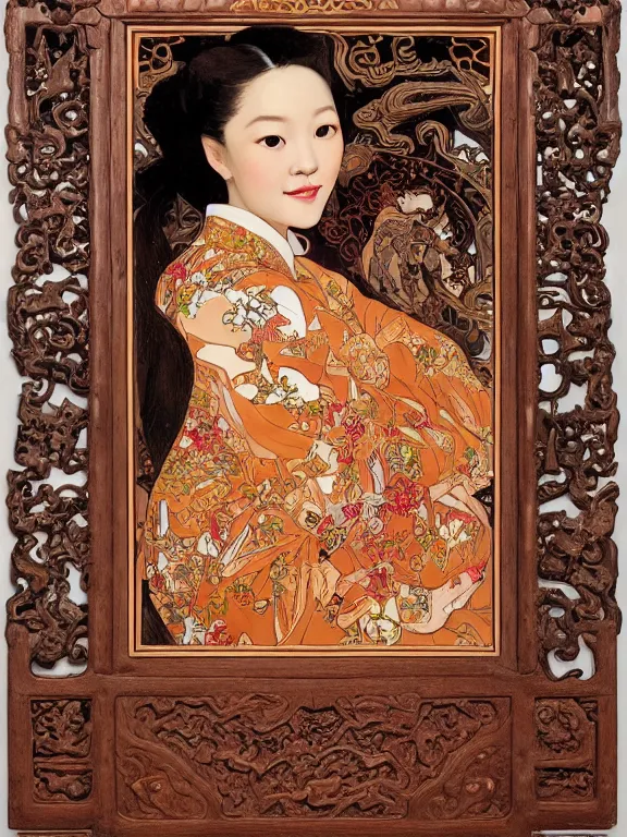 Image similar to an art nouveau head and shoulders portrait oil painting of a pretty young zhang ziyi, dressed in a traditional, modest chinese intricately embroidered silk gown with a high collar, in front of a carved screen showing a tiger and a dragon, intricate, detailed, smooth, complex, elaborate, by alphonse mucha and james gurney and john william waterhouse