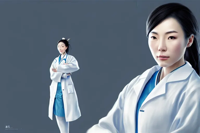 Prompt: a elegant and beautiful chinese female doctor in a white coat in a clinic, cinematic, highly detailed, digital painting, artstation, concept art, matte, sharp focus, illustration, art by artgerm and greg rutkowski