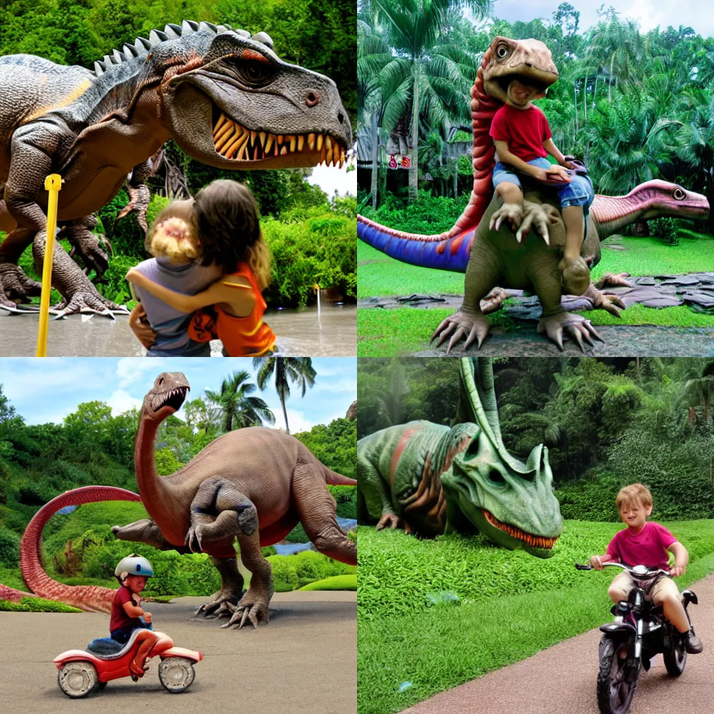 Prompt: child riding dinosaur at Jurassic Park, vacation photo, 2005, detailed, 4k