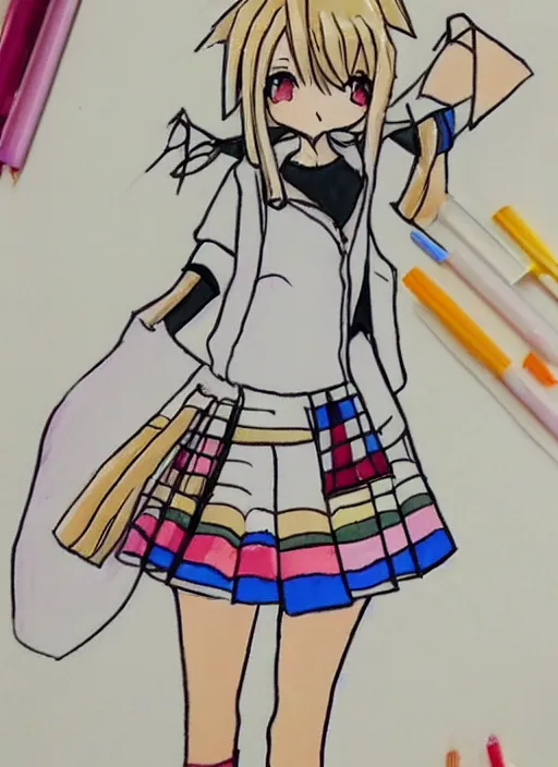 Image similar to very poorly drawn anime girl, cute outfit, posing, crayon art, very silly looking, very anime