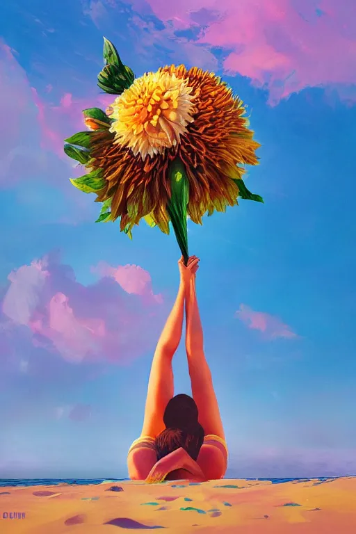 Image similar to closeup giant dahlia flower head, girl laying on beach, surreal photography, blue sky, sunrise, dramatic light, impressionist painting, digital painting, artstation, simon stalenhag