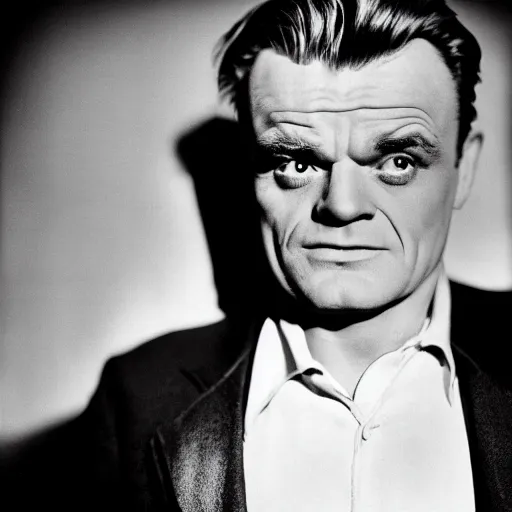 Image similar to A portrait of James Cagney, photograph, film noir lighting