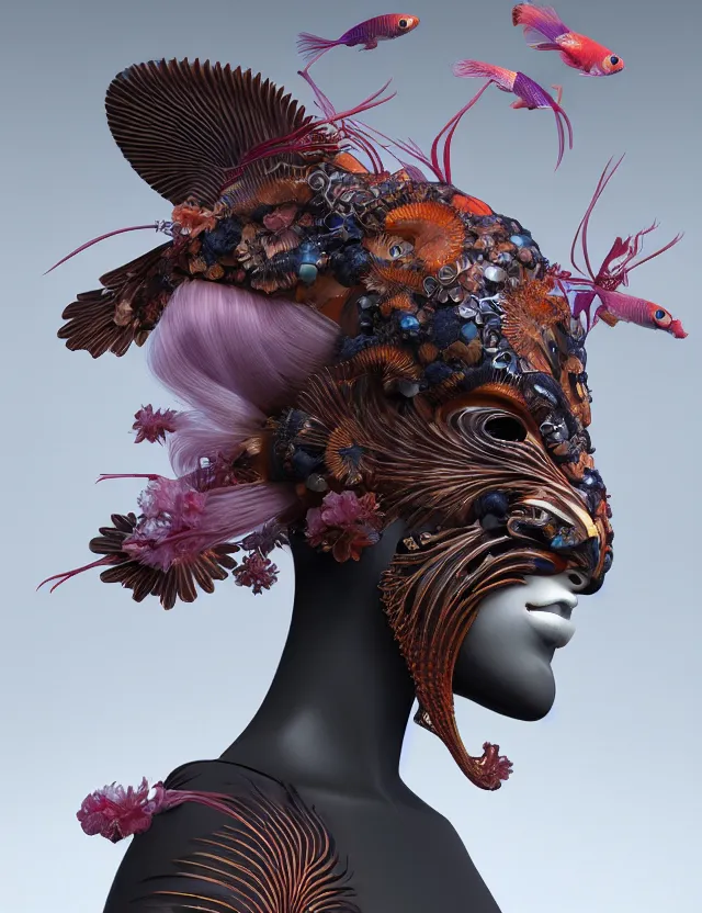 Prompt: 3 d venus goddess close - up profile portrait biomechanics. beautiful intricately detailed japanese crow kitsune mask and clasical japanese kimono. betta fish, jellyfish phoenix, bio luminescent, plasma, ice, water, wind, creature, artwork by tooth wu and wlop and beeple and greg rutkowski