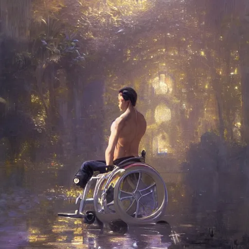 Prompt: handsome portrait of a wheelchair guy fitness posing, radiant light, caustics, war hero, smooth, one legged amputee, reflective water koi pond, ghost in the shell, lush garden surroundings, by gaston bussiere, bayard wu, greg rutkowski, giger, maxim verehin