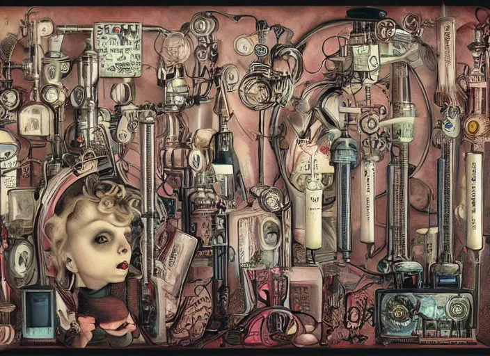 Image similar to a portrait of an inventor, test tubes, strange machines, electronics, lowbrow in the style of mark ryden and daniel merriam,