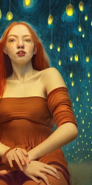Image similar to an amazed young woman surrounded by golden firefly lights in a mesmerizing scene, sitting amidst nature fully covered, long loose red hair, precise linework, accurate green eyes, small nose with freckles, smooth oval shape face, empathic, bright smile, expressive emotions, hyper realistic ultrafine portrait by artemisia gentileschi, jessica rossier, boris vallejo