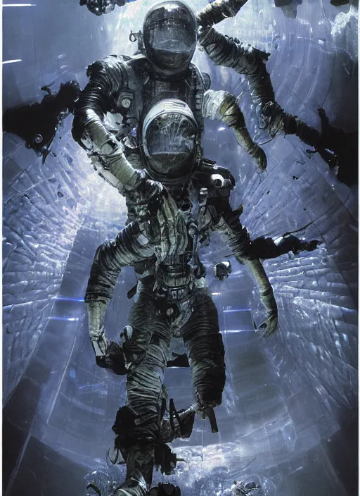 Image similar to astronauts in dark void underwater - complex and hyperdetailed technical suit. reflection and dispersion materials. rays and dispersion of light. volumetric light. f / 3 2. noise film photo. flash photography. ultra realistic, wide angle. poster by wayne barlowe, hajime sorayama aaron horkey, craig mullins