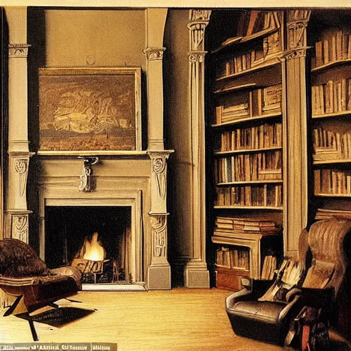 Prompt: a dark, long room, with bookshelves and dim torches on the left and right walls, a bright fireplace at the end of the room, and a tall leather chair in front of the fireplace