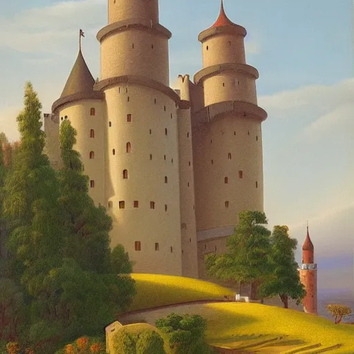 Prompt: a castle with many storey and towers in a serene landscape by archipenko olexandr