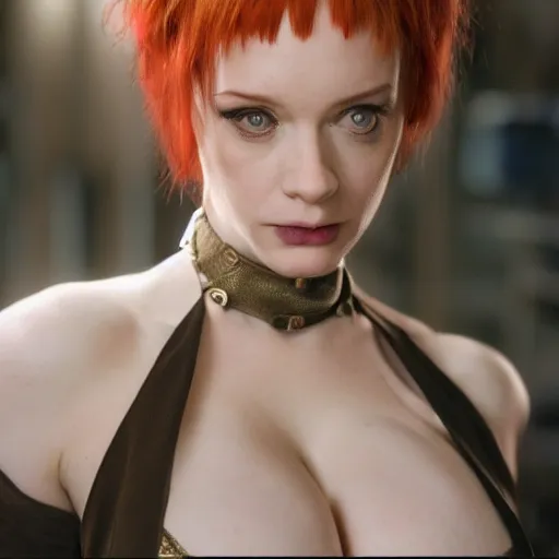 Image similar to a young Christina Hendricks dressed like lilu from the fifth element. Full frontal photography, bare, highly detailed, film still, looking at camera, symmetrical, Zeiss Lens, Octane Render, 8k resolution redshift