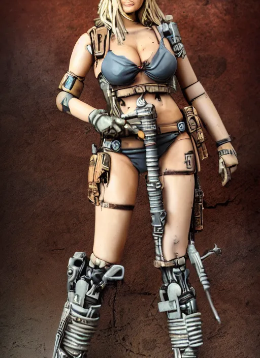 Prompt: 8 0 mm resin detailed miniature of a woman resembling kate upton as a post - apocalyptic warrior girl with tattoos, tribal face paint, bikini + tattered military gear, cybernetic, broken robot girl, holding a rocket launcher, on textured base, product introduction photos, 4 k, full body