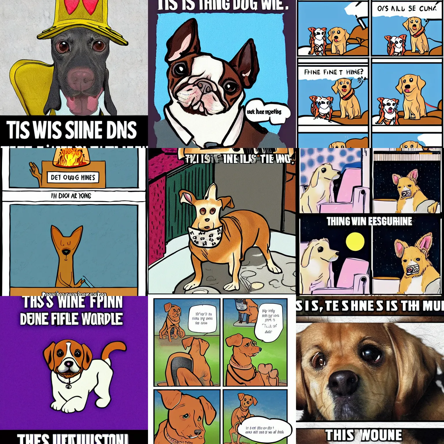 Prompt: this is fine dog meme illustration