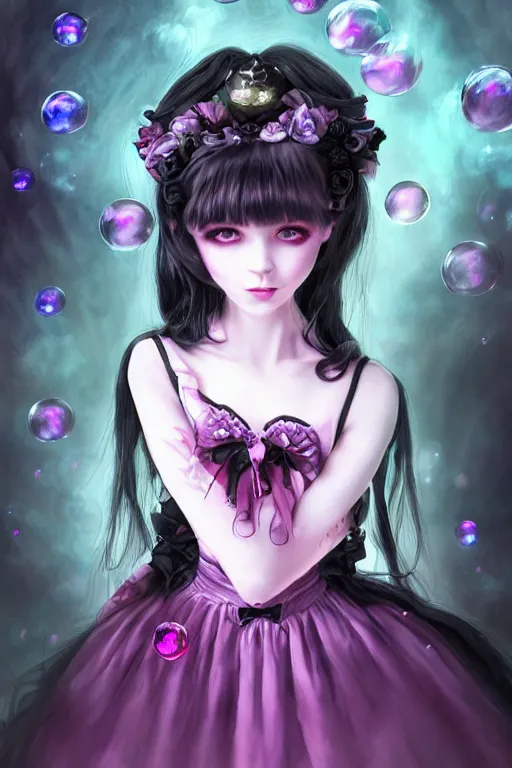 Prompt: gothic lolita girl portrait, dreamy and ethereal, expressive pose, big eyes, tender expression, exciting, fantasy, intricate, elegant, many rainbow bubbles, pink tones, purple, very detailed, digital painting, artstation, concept art, cyberpunk wearing, soft, sharp focus, illustration, art by artgerm and greg rutkowskiand alphonse much