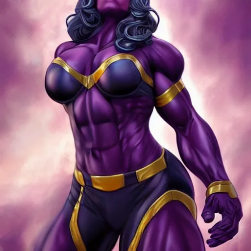 Prompt: thanos as a muscular woman, highly detailed full body portrait, elegant, breathtaking art, by artgerm