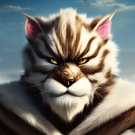 Image similar to rengar from league of legends, cinematic, 4 k, very detailed, beautiful rendering, realistic fur, cgtrader, artstation, global illumination, volumetric lighting, dramatic