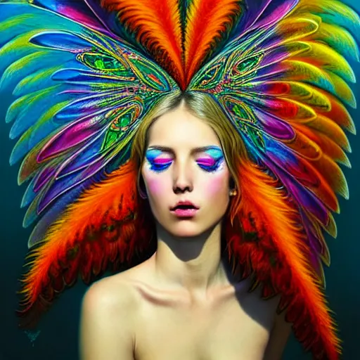 Image similar to extremely psychedelic portrait of a girl transforming into a feathered bird, covered in feathers, wings, flying, surreal, fantasy, intricate, elegant, dramatic lighting, emotional, symbolic metaphor, highly detailed, lifelike, photorealistic, digital painting, artstation, concept art, smooth, sharp focus, illustration, art by John Collier and Krenz Cushart and Artem Demura and Alphonse Mucha and Albert Aublet