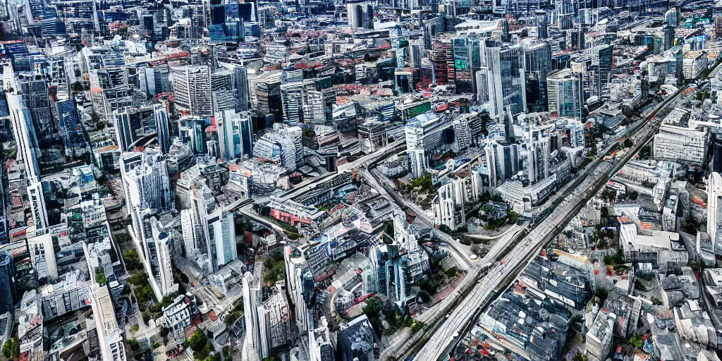 Image similar to drone view of a city with a large road through, Brutalist architecture,sharp focus,telephoto lens,digital art by John J. Park 4k