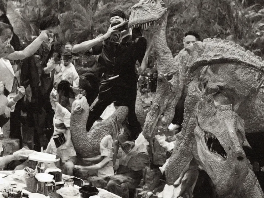 Prompt: Enrile eating a dinosaur